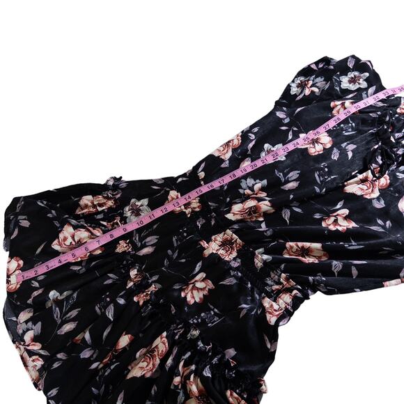 Misa Cecil Ruffle Flutter Sleeve Smocked Tiered Floral Dress Black Rose Small - Picture 14 of 15